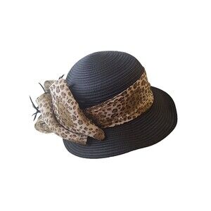 Women's‎ KENTUCKY DERBY Straw Hat Black Feathers Bow Rhinestone Brooch Old Money